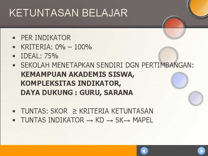 KETUNTASAN BELAJAR • • PER INDIKATOR KRITERIA: 0% – 100% IDEAL: 75% SEKOLAH MENETAPKAN