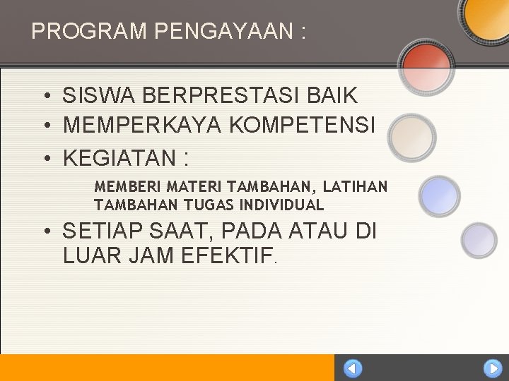 PROGRAM PENGAYAAN : • SISWA BERPRESTASI BAIK • MEMPERKAYA KOMPETENSI • KEGIATAN : MEMBERI