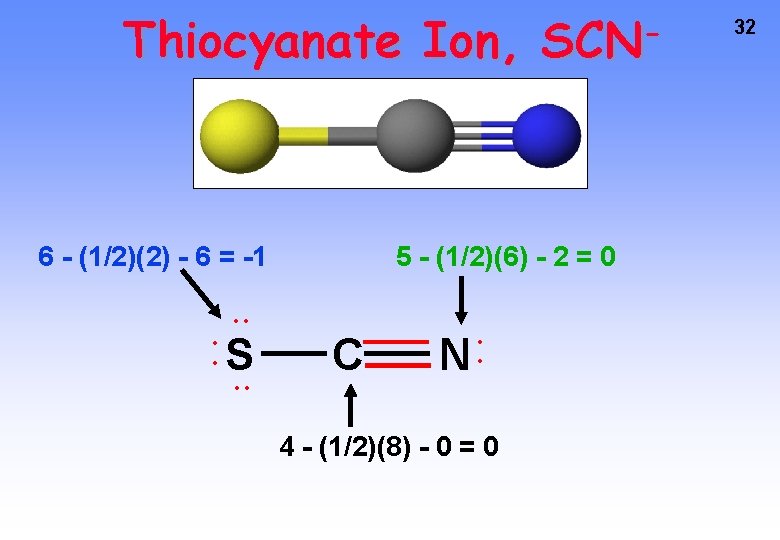 Thiocyanate Ion, 6 - (1/2)(2) - 6 = -1 5 - (1/2)(6) - 2
