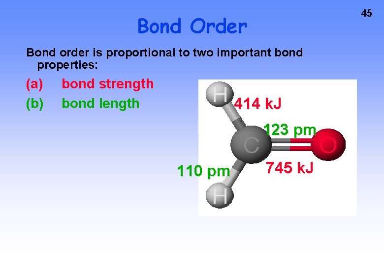45 Bond Order Bond order is proportional to two important bond properties: (a) (b)
