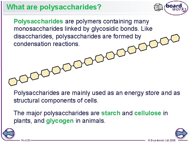 What are polysaccharides? Polysaccharides are polymers containing many monosaccharides linked by glycosidic bonds. Like