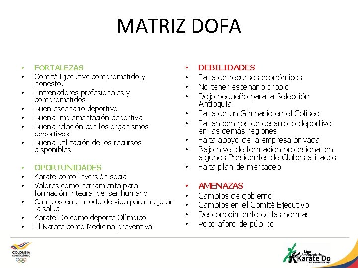 MATRIZ DOFA • • • • FORTALEZAS Comité Ejecutivo comprometido y honesto. Entrenadores profesionales