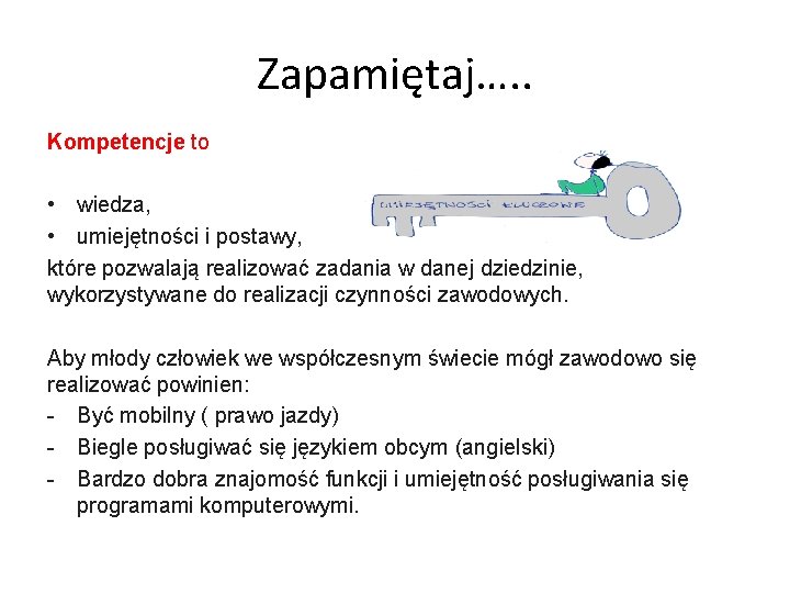 Zapamiętaj…. . Kompetencje to • wiedza, • umiejętności i postawy, które pozwalają realizować zadania