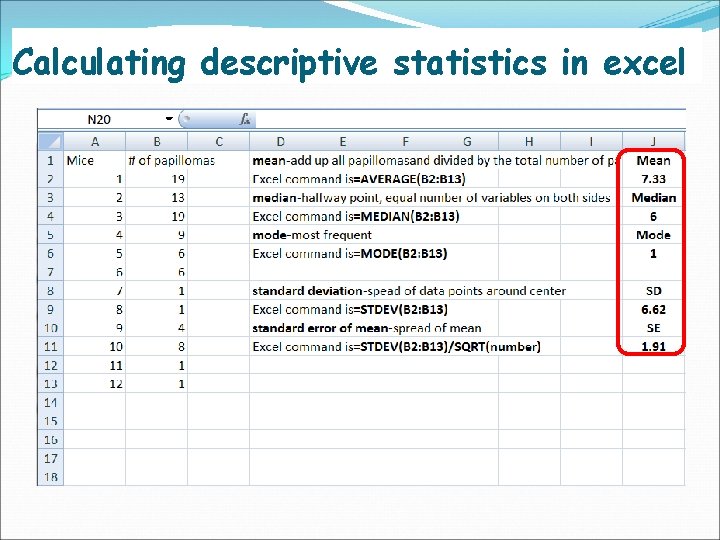 Calculating descriptive statistics in excel 