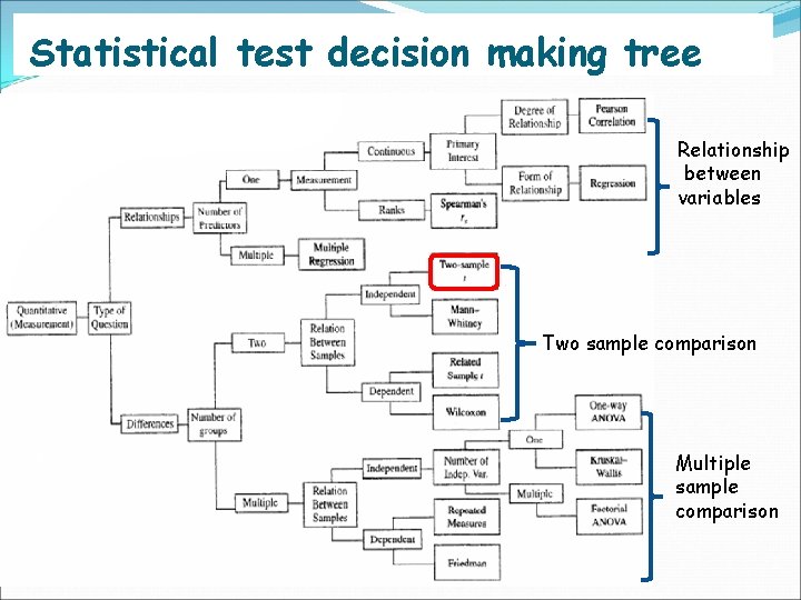Statistical test decision making tree Relationship between variables Two sample comparison Multiple sample comparison