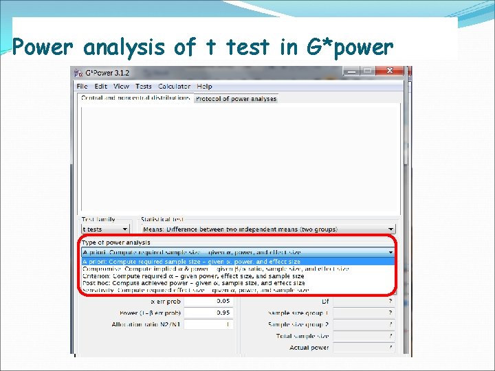 Power analysis of t test in G*power 