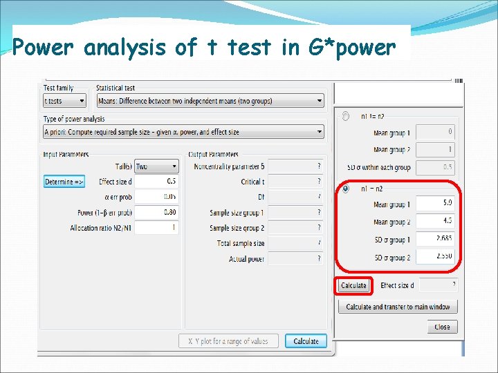 Power analysis of t test in G*power 