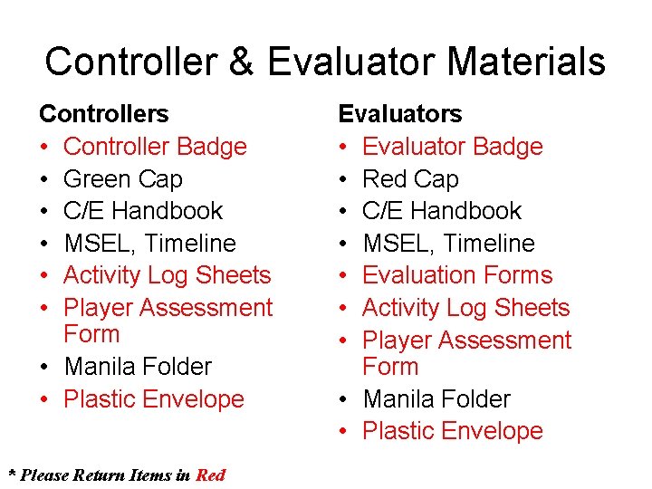 Controller & Evaluator Materials Controllers • Controller Badge • Green Cap • C/E Handbook