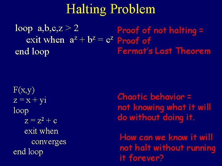Halting Problem loop a, b, c, z > 2 Proof of not halting =