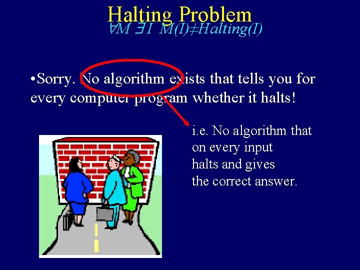 Halting Problem M I M(I)≠Halting(I) • Sorry. No algorithm exists that tells you for