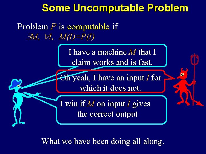 Some Uncomputable Problem P is computable if M, I, M(I)=P(I) I have a machine