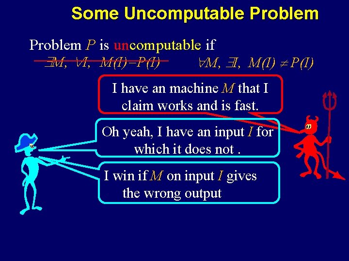 Some Uncomputable Problem P is uncomputable if M, I, M(I)=P(I) M, I, M(I) P(I)