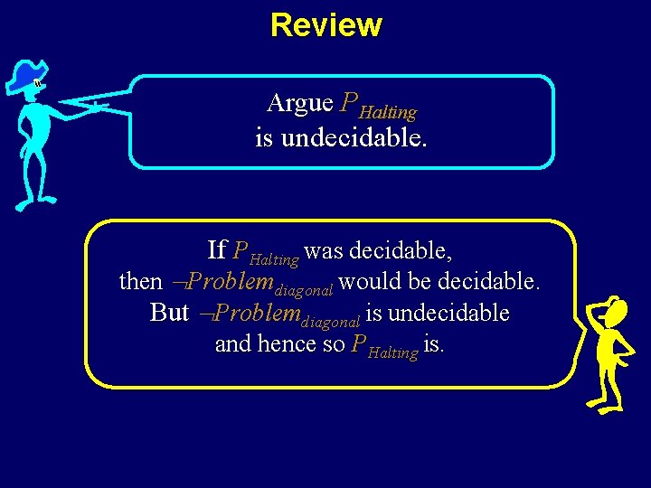 Review Argue PHalting is undecidable. If PHalting was decidable, then Problemdiagonal would be decidable.