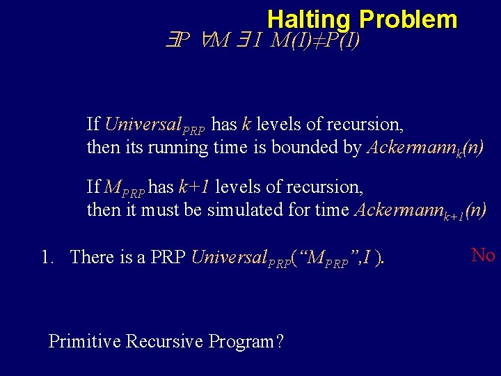 Halting Problem P M I M(I)≠P(I) If Universal. PRP has k levels of recursion,