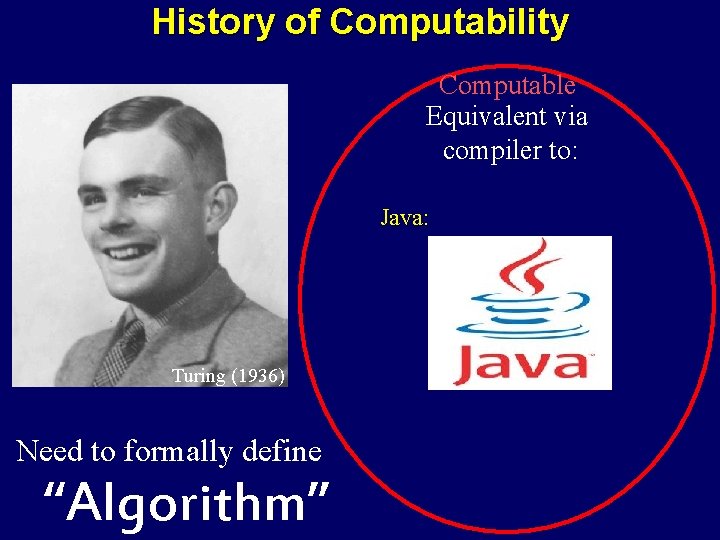 History of Computability Computable Equivalent via compiler to: Java: Turing (1936) Need to formally