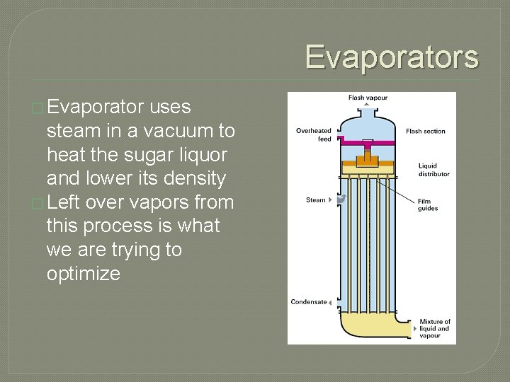 Evaporators � Evaporator uses steam in a vacuum to heat the sugar liquor and