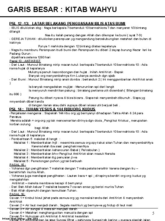 GARIS BESAR : KITAB WAHYU PSL 12 -13: LATAR BELAKANG PENGUASAAN IBLIS ATAS BUMI