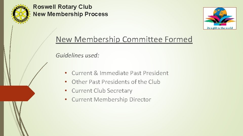 Roswell Rotary Club New Membership Process New Membership Committee Formed Guidelines used: • •