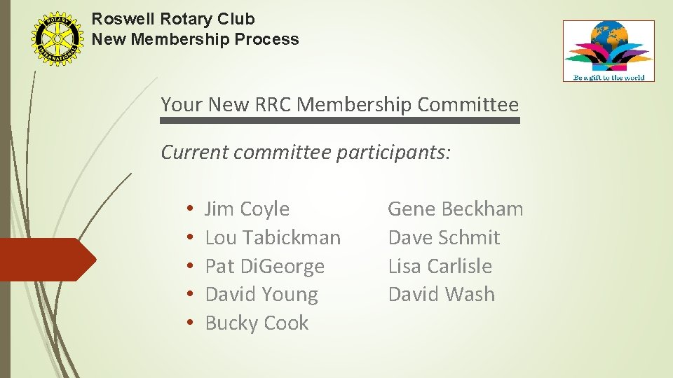 Roswell Rotary Club New Membership Process Your New RRC Membership Committee Current committee participants: