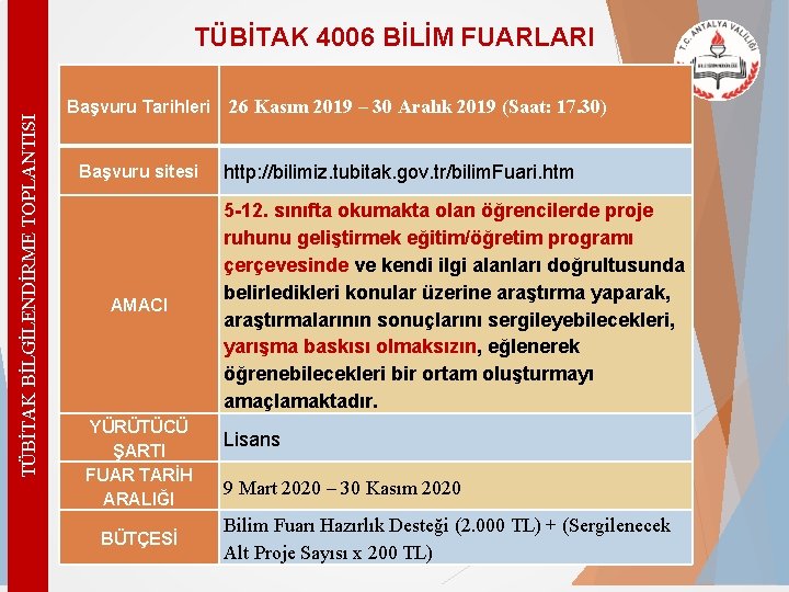 TÜBİTAK BİLGİLENDİRME TOPLANTISI TÜBİTAK 4006 BİLİM FUARLARI Başvuru Tarihleri Başvuru sitesi AMACI YÜRÜTÜCÜ ŞARTI