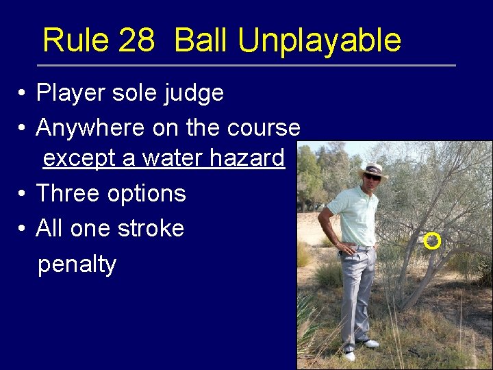 Rule 28 Ball Unplayable • Player sole judge • Anywhere on the course except