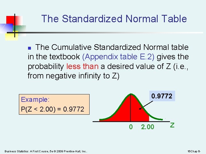 The Standardized Normal Table The Cumulative Standardized Normal table in the textbook (Appendix table