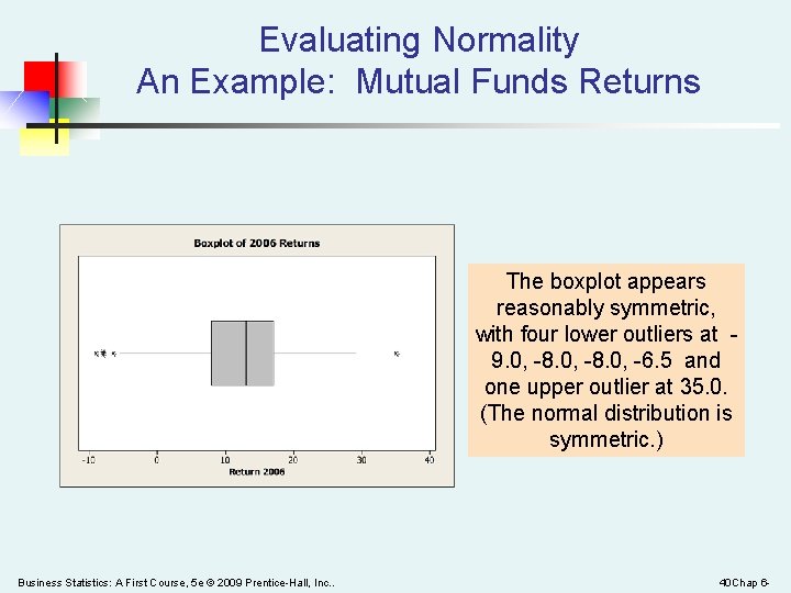 Evaluating Normality An Example: Mutual Funds Returns The boxplot appears reasonably symmetric, with four