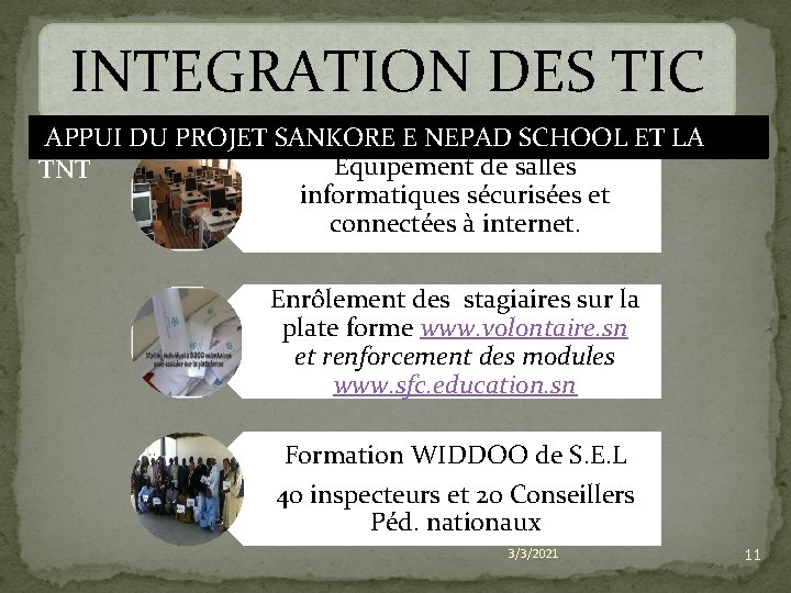 INTEGRATION DES TIC APPUI DU PROJET SANKORE E NEPAD SCHOOL ET LA Equipement de