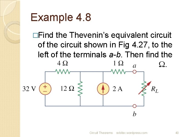 Example 4. 8 �Find the Thevenin’s equivalent circuit of the circuit shown in Fig