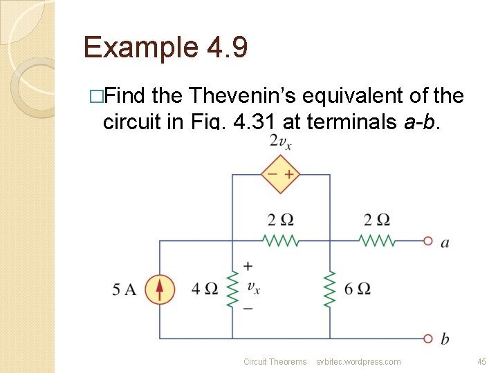 Example 4. 9 �Find the Thevenin’s equivalent of the circuit in Fig. 4. 31