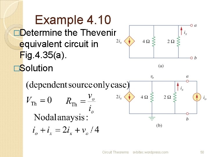 Example 4. 10 �Determine the Thevenin’s equivalent circuit in Fig. 4. 35(a). �Solution Circuit