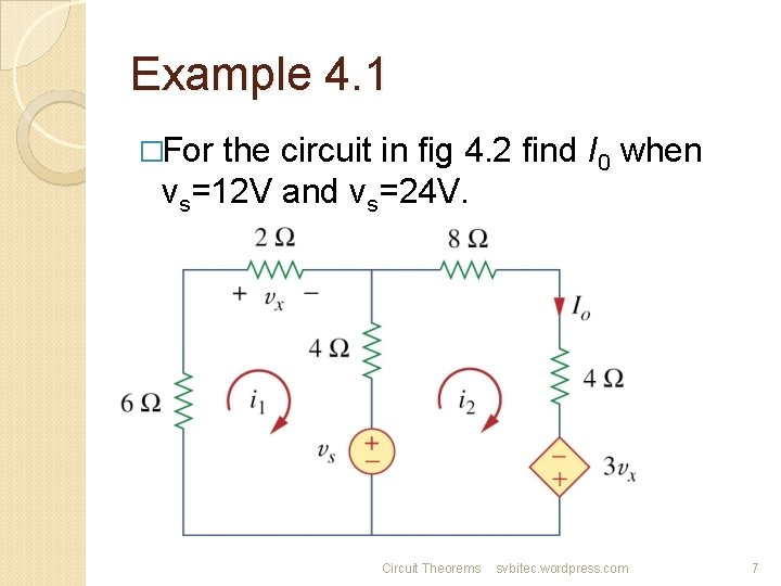 Example 4. 1 �For the circuit in fig 4. 2 find I 0 when
