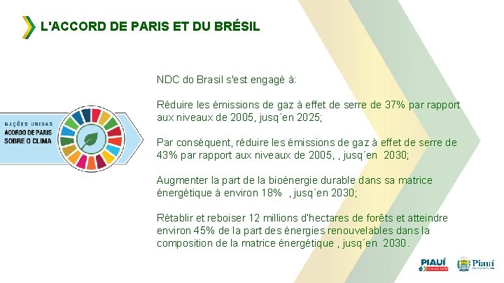 L'ACCORD DE PARIS ET DU BRÉSIL NDC do Brasil s'est engagé à: Réduire les