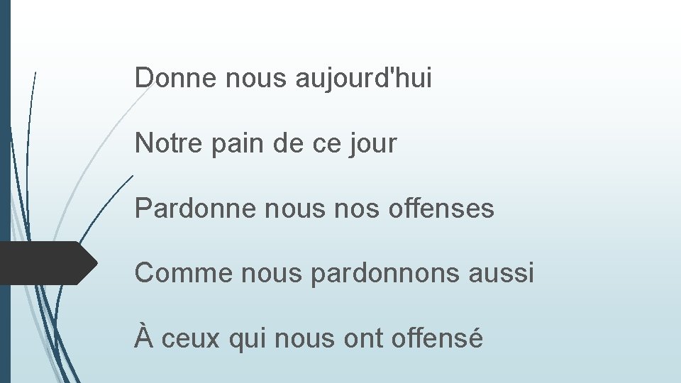 Donne nous aujourd'hui Notre pain de ce jour Pardonne nous nos offenses Comme nous