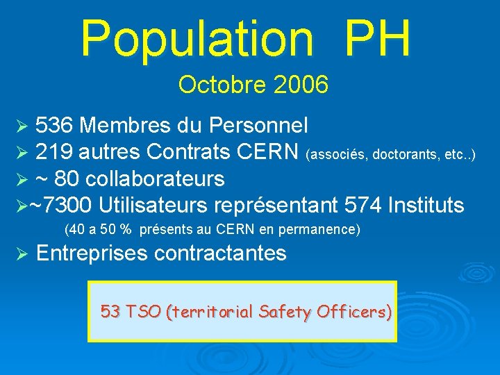 Population PH Octobre 2006 Ø 536 Membres du Personnel Ø 219 autres Contrats CERN