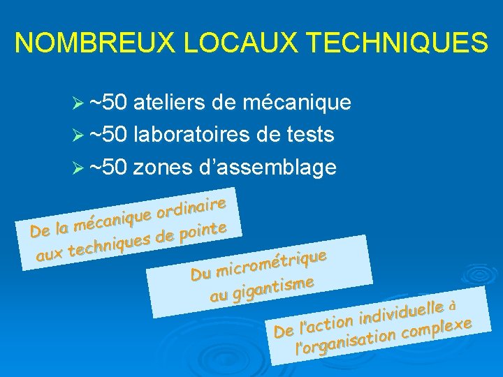 NOMBREUX LOCAUX TECHNIQUES Ø ~50 ateliers de mécanique Ø ~50 laboratoires de tests Ø