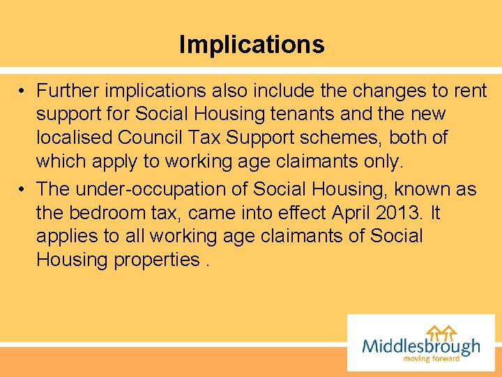 Implications • Further implications also include the changes to rent support for Social Housing