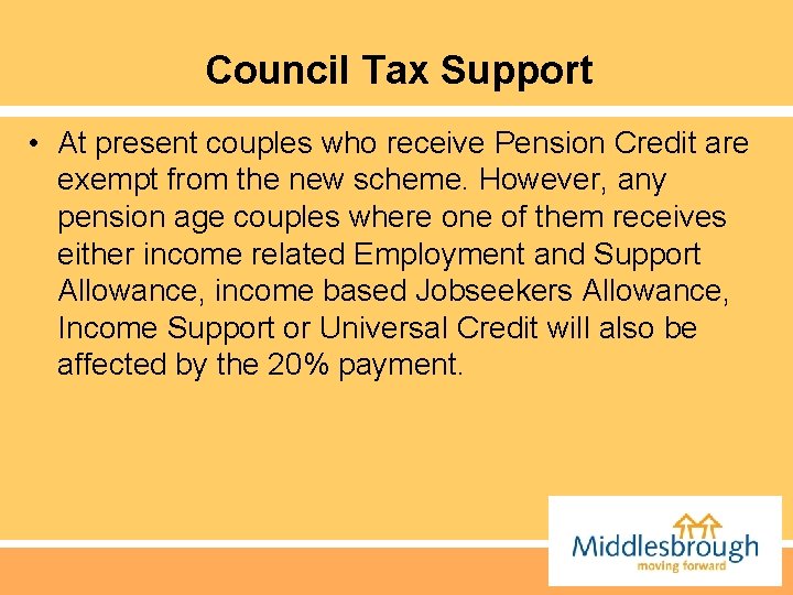 Council Tax Support • At present couples who receive Pension Credit are exempt from