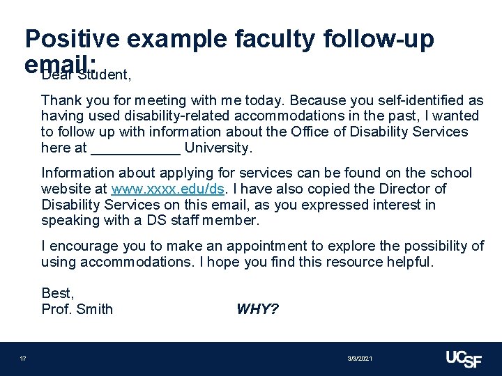 Positive example faculty follow-up email: Dear Student, Thank you for meeting with me today.