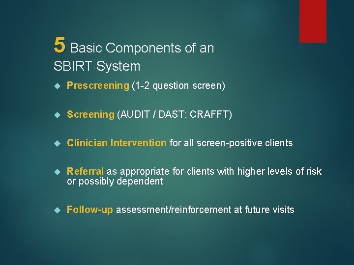 5 Basic Components of an SBIRT System Prescreening (1 -2 question screen) Screening (AUDIT