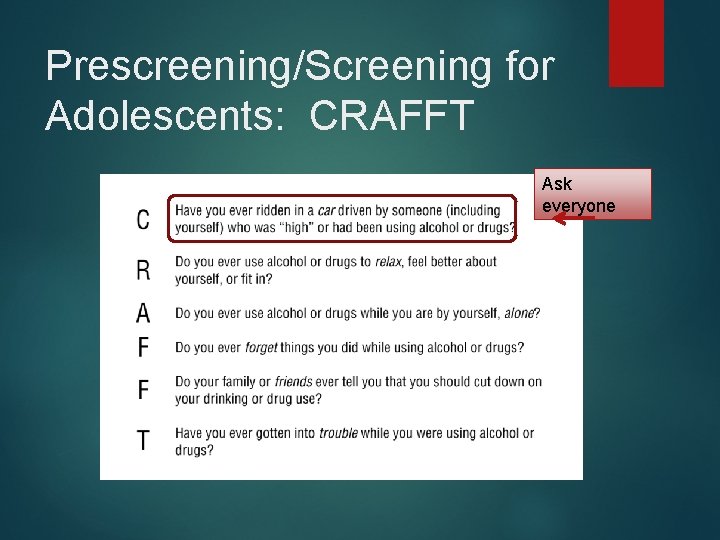 Prescreening/Screening for Adolescents: CRAFFT Ask everyone 