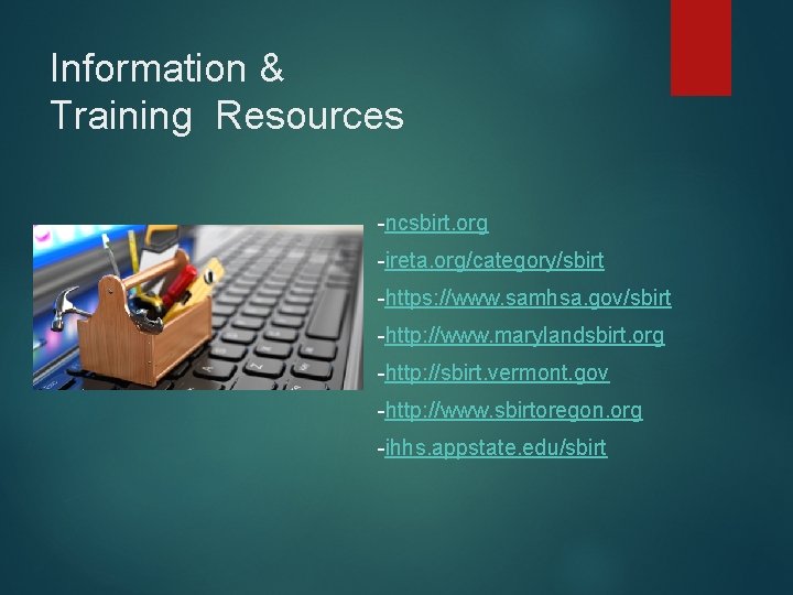 Information & Training Resources -ncsbirt. org -ireta. org/category/sbirt -https: //www. samhsa. gov/sbirt - -http: