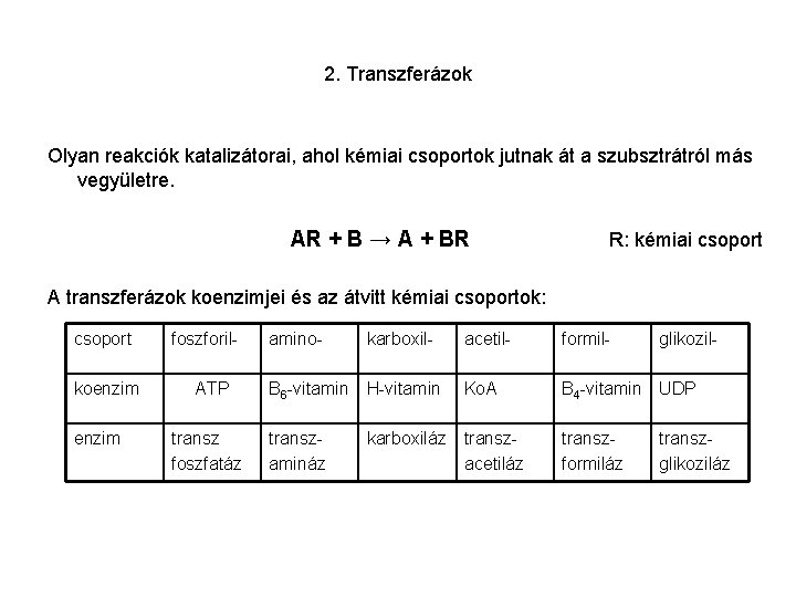 2. Transzferázok Olyan reakciók katalizátorai, ahol kémiai csoportok jutnak át a szubsztrátról más vegyületre.