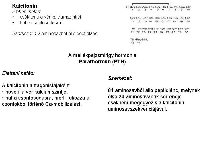 Kalcitonin Élettani hatás: • csökkenti a vér kalciumszintjét • hat a csontosodásra. Szerkezet: 32