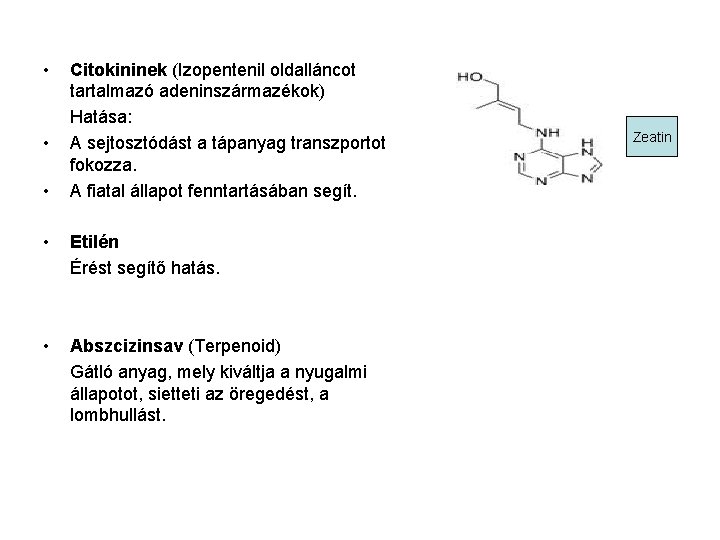  • • • Citokininek (Izopentenil oldalláncot tartalmazó adeninszármazékok) Hatása: A sejtosztódást a tápanyag