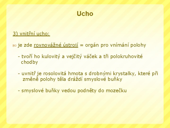 Ucho 3) vnitřní ucho: je zde rovnovážné ústrojí = orgán pro vnímání polohy -