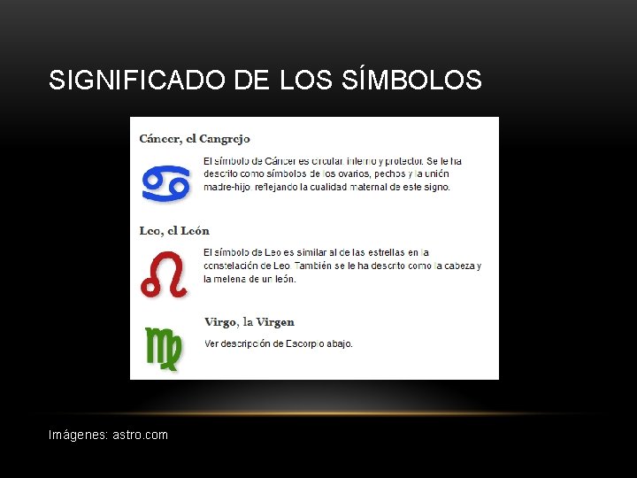 SIGNIFICADO DE LOS SÍMBOLOS Imágenes: astro. com 