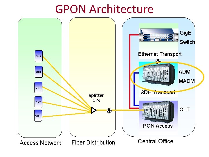 GPON Architecture Gig. E Switch Ethernet Transport ONT ADM ONT MADM ONT Splitter 1: