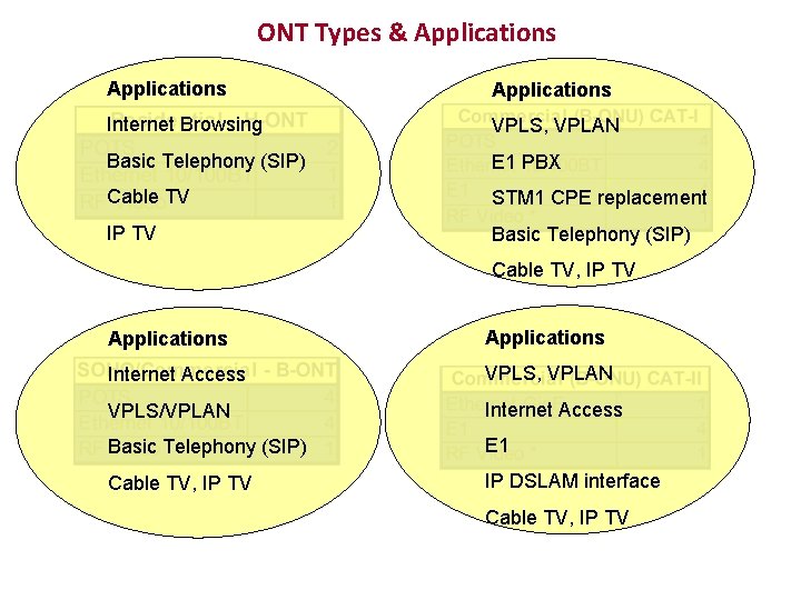 ONT Types & Applications Internet Browsing VPLS, VPLAN Basic Telephony (SIP) E 1 PBX