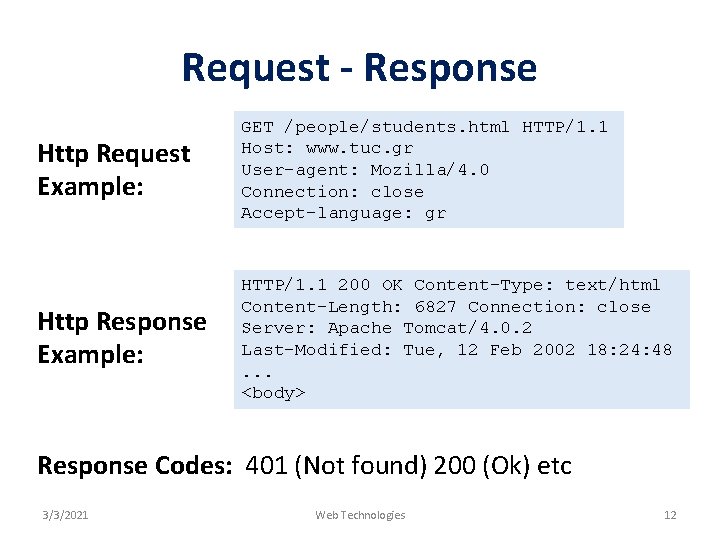 Request - Response Http Request Example: GET /people/students. html HTTP/1. 1 Host: www. tuc.